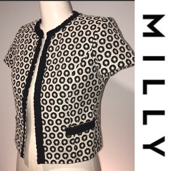 MILLY Jacket Blazer sz 8 Black White Short Sleeve - Picture 1 of 8